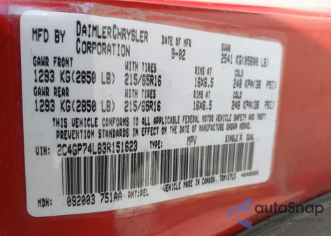 2003 Chrysler Town & Country Ex from USA, damaged, VIN 2C4GP74L83R151623